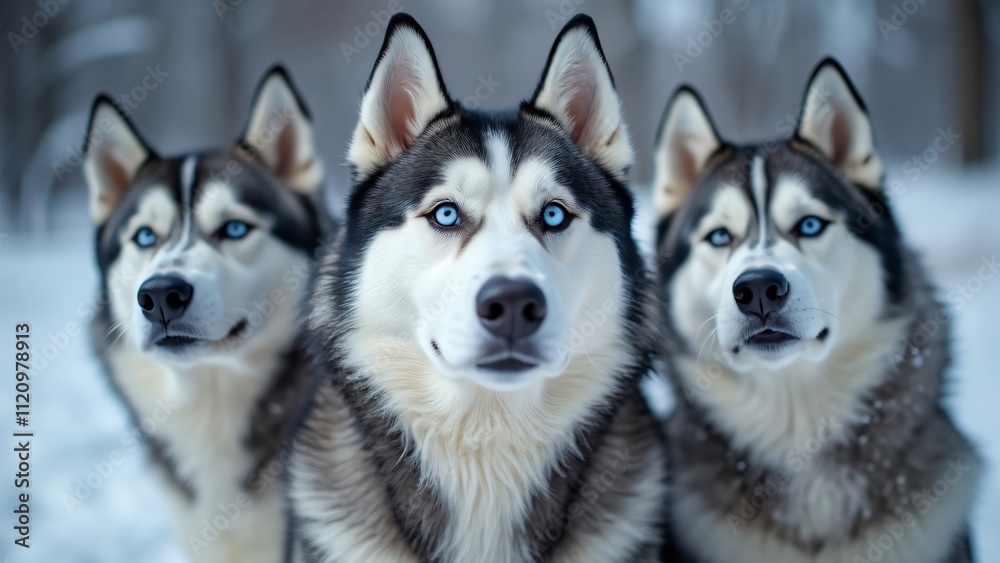 Obraz premium Stunning Close-up Portrait of Three Siberian Huskies with Blue Eyes in a Winter Wonderland Setting. Perfect for Banner Design, Pet Photography, and Winter Themes.