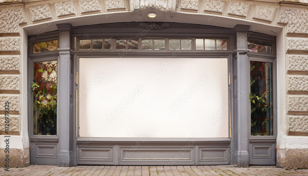 classic front store wall with blank white signboard mockup for advertising classic front store wall with blank white signboard mockup for advertising