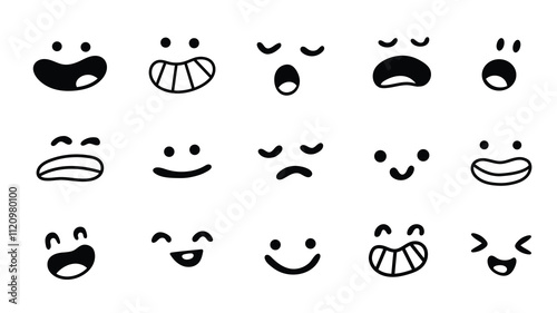 Set of funny face expressions and emotions, funny and sad, surprised and scared, smiling and laughing. Vector illustration, simple flat style, line art. Concept design for stickers, banners
