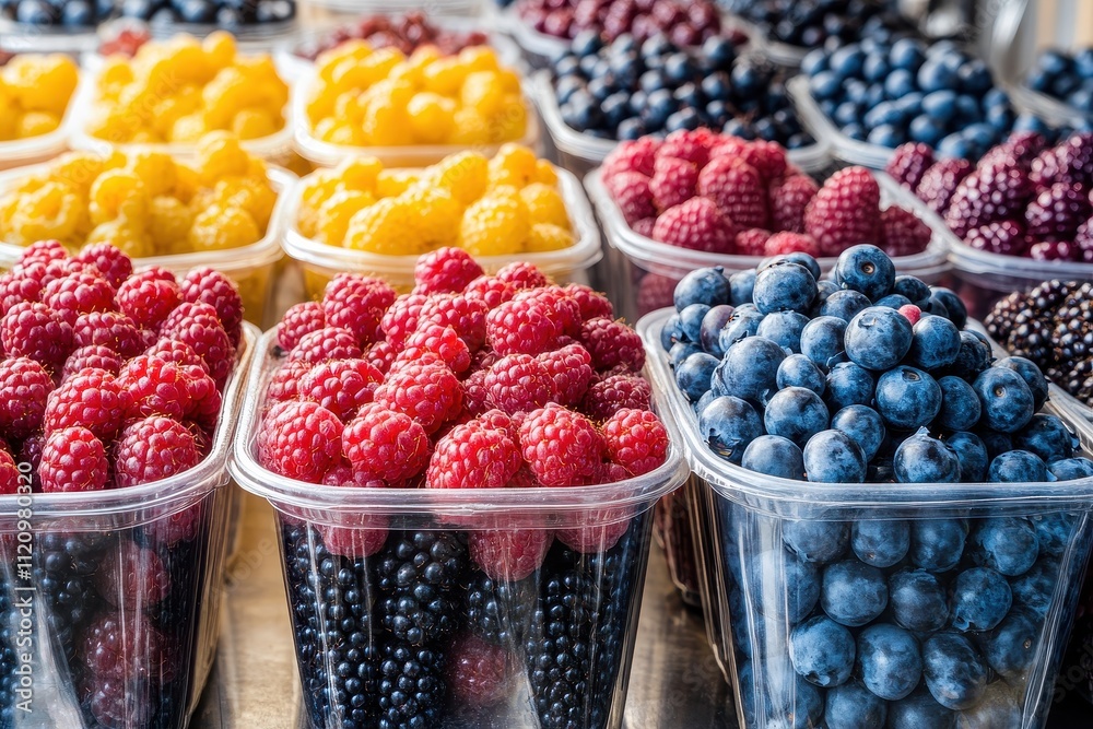 A variety of berries and small fruits including blackberries and blueberries in clear plastic cups A variety of berries and small fruits including blackberries and blueberries in clear plastic cups