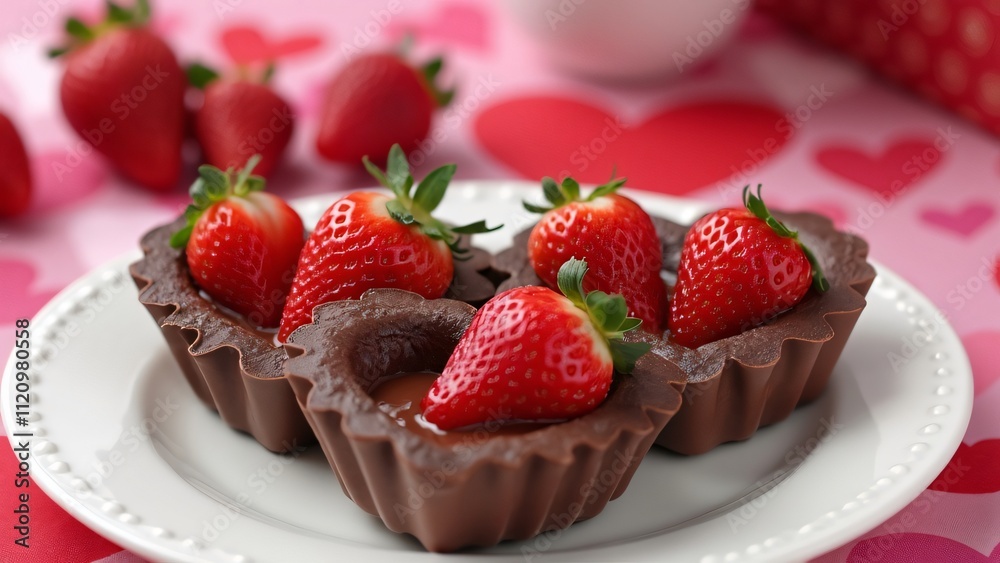 Delicious Valentine's Day Chocolate Tarts with Fresh Strawberries, Romantic Heart-Shaped Treats on Pink Tablecloth Delicious Valentine's Day Chocolate Tarts with Fresh Strawberries, Romantic Heart-Shaped Treats on Pink Tablecloth