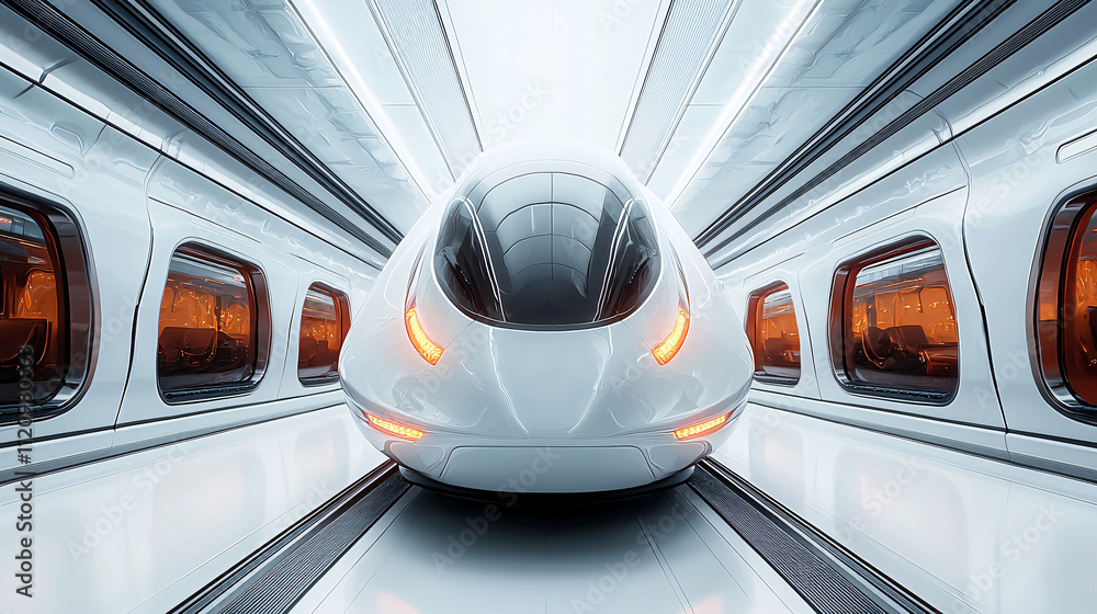Fototapeta premium Close-up shot of a futuristic bullet train on a sleek white background, emphasizing advanced design and speed.