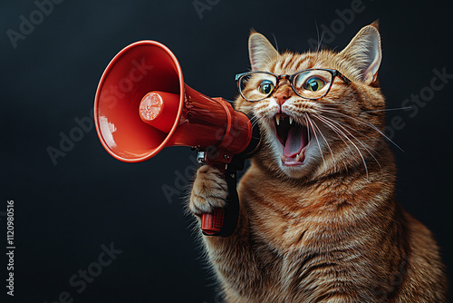 A cat wearing glasses comically screams into a megaphone, set against a dramatic black background.

