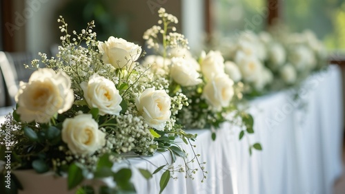 Elegant White Rose & Baby's Breath Wedding Table Garland, Close-Up View of Luxurious Floral Decor for Reception
