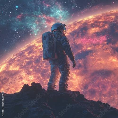 An astronaut stands on a rocky surface, gazing at a vibrant cosmic scene with a distant planet.