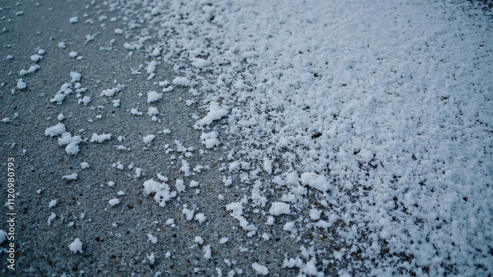Obraz premium Close-up Detailed Texture of Snowy Asphalt Surface with Small Particles, Winter Scene Background