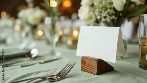 Blank Wedding Table Card on Wooden Stand, Elegant Place Setting with White Flowers and Candles
