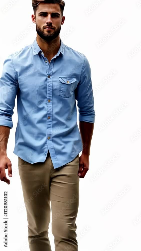 Confident man walks casually in a light blue shirt and beige pants against a plain background during a photoshoot Confident man walks casually in a light blue shirt and beige pants against a plain background during a photoshoot