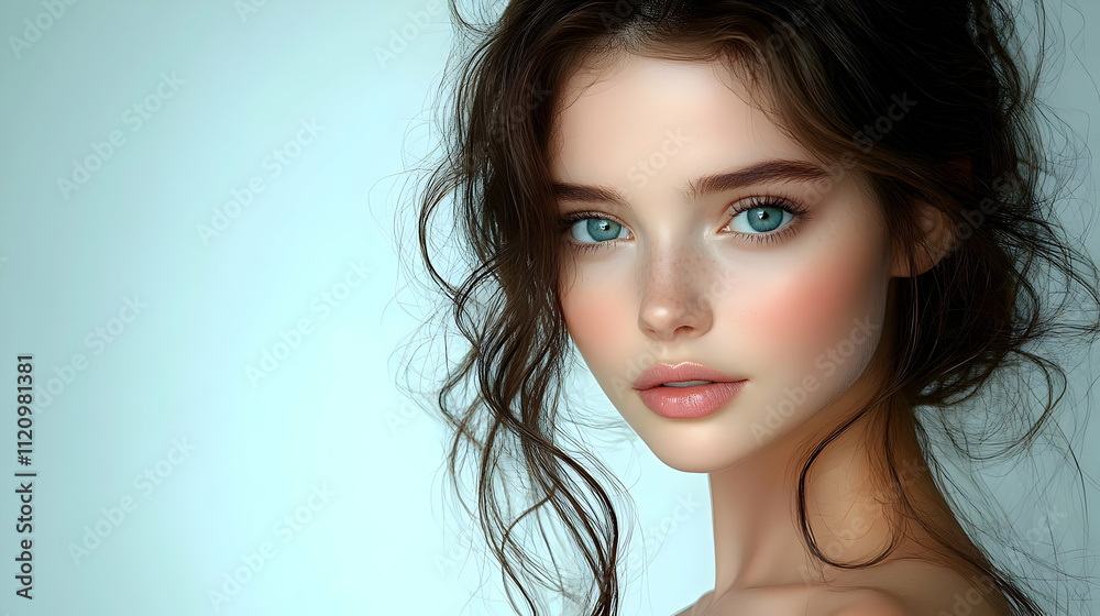 Girl with Blue Eyes, Wavy Brown Hair, Soft Makeup, Beautiful Portrait, Stunning Features, Youthful Glow, Natural Beauty, Perfect Skin, Close-up Shot, Freckles, Lovely Girl with Blue Eyes, Wavy Brown Hair, Soft Makeup, Beautiful Portrait, Stunning Features, Youthful Glow, Natural Beauty, Perfect Skin, Close-up Shot, Freckles, Lovely