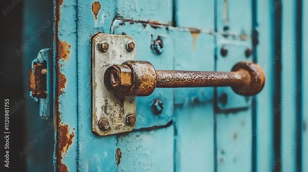 Rusty metal latch on a weathered blue door. Rusty metal latch on a weathered blue door.