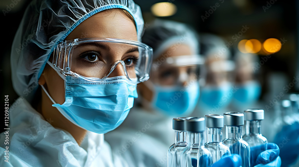 Scientists Carefully Inspect Vials in Lab Setting