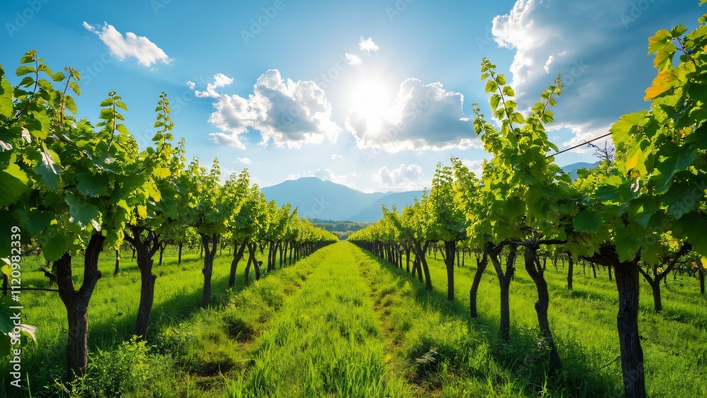 Fototapeta premium Panoramic Spring Vineyard, Lush Green Vines, Sunny Sky, and Distant Mountains