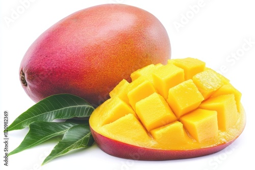 A ripe mango one half cut into neatly arranged cubes isolated on white background