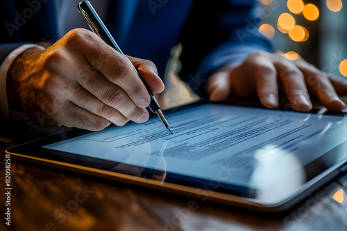 A business professional electronically signing contracts using a digital tablet, seamlessly integrating with an advanced business asset management system for efficiency.