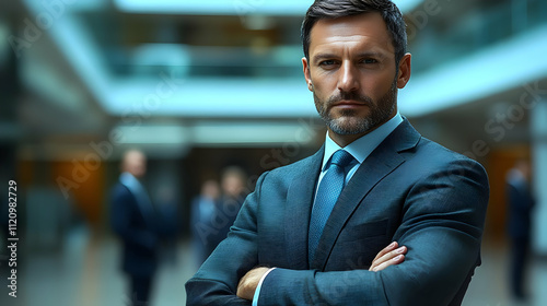 Confident Businessman Poses with Crossed Arms, Projecting Success and Professionalism in Corporate Attire. photo