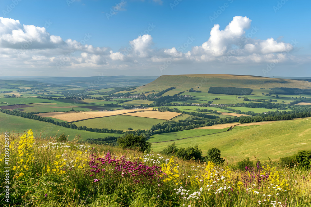 Scenic summer countryside view with wildflowers in foreground, rolling hills and farmland under a blue sky. Scenic summer countryside view with wildflowers in foreground, rolling hills and farmland under a blue sky.