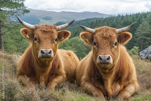 Two Highland cows resting in a field. This image is perfect for illustrating a peaceful scene, representing nature and rustic beauty. photo