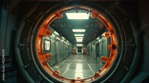 Fototapeta Naklejka Na Ścianę i Meble -  Color photo from a low angle looking up at a round airlock, showcasing its exterior and architectural design.

