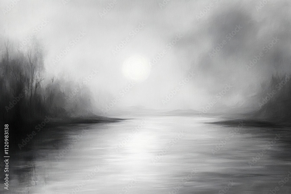 A serene black-and-white landscape featuring a calm river and misty surroundings. A serene black-and-white landscape featuring a calm river and misty surroundings.
