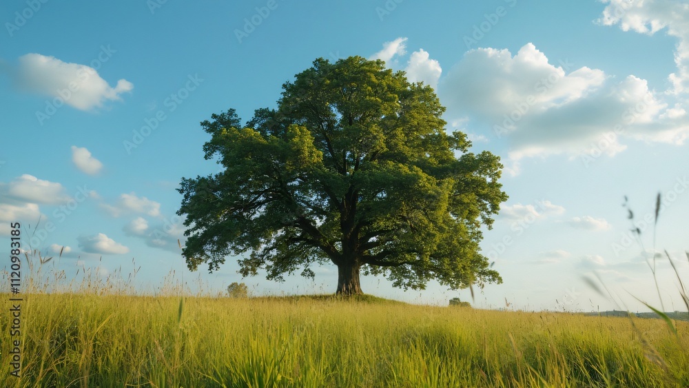 Fototapeta premium Majestic Oak Tree in Summer Field, A Stunning Photograph of a solitary oak tree standing tall in a vibrant green field under a beautiful blue sky with fluffy white clouds. Perfect for