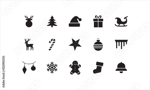 Christmas icons: black silhouette vector set. Includes tree, food, gifts, and other holiday symbols.