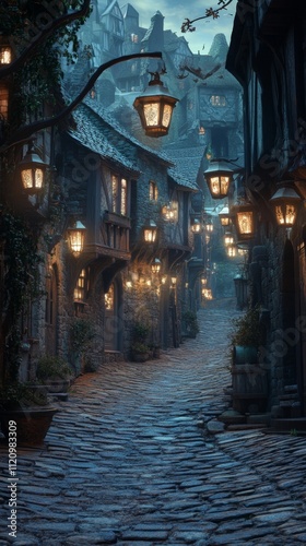 Enchanted Nighttime Alleyway in a Medieval Town