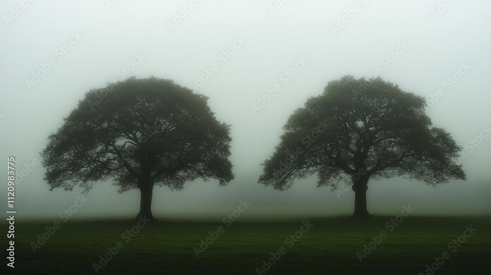 Obraz premium Misty morning reveals two silhouetted trees in a tranquil landscape