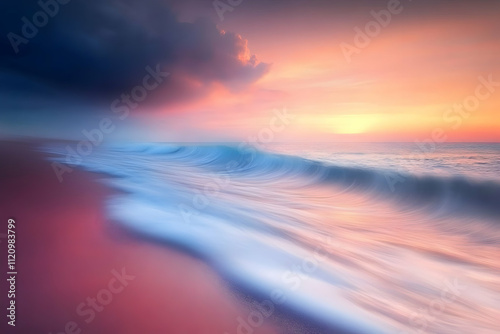 Serene sunset beach scene with soft waves.