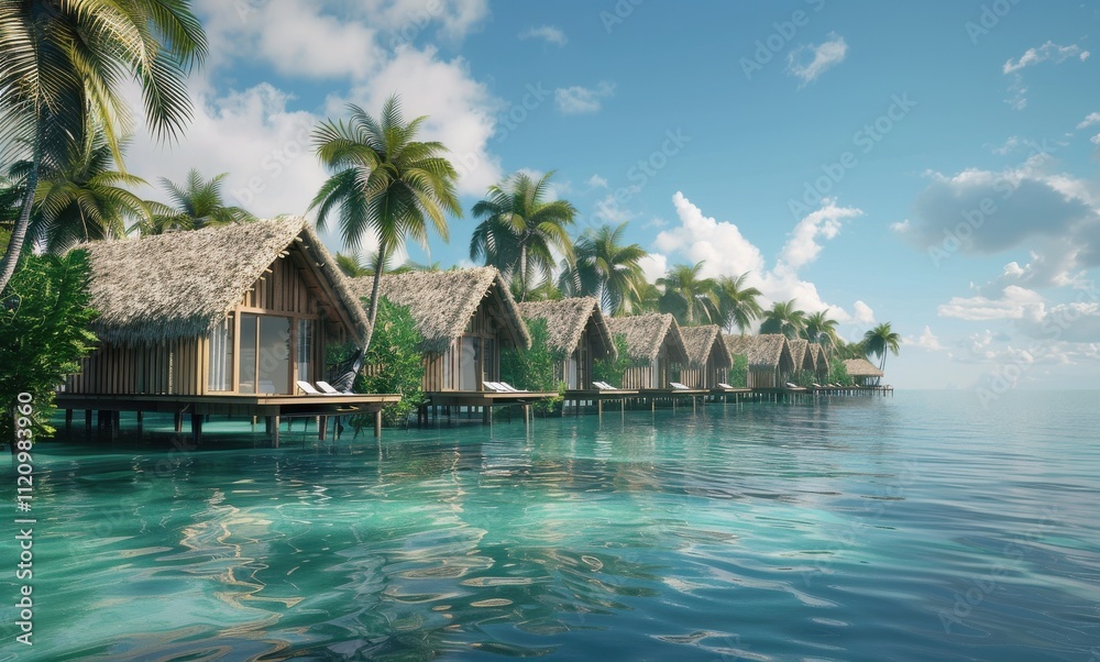 A row of thatched roof huts over the turquoise ocean with palm trees on both sides, their roofs privy to the exotic vacation scenery. A row of thatched roof huts over the turquoise ocean with palm trees on both sides, their roofs privy to the exotic vacation scenery.