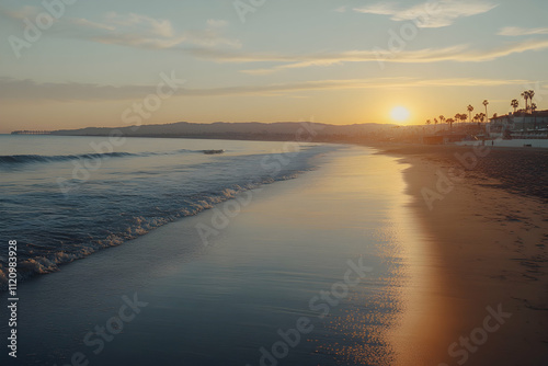 Serene sunset over calm ocean beach.