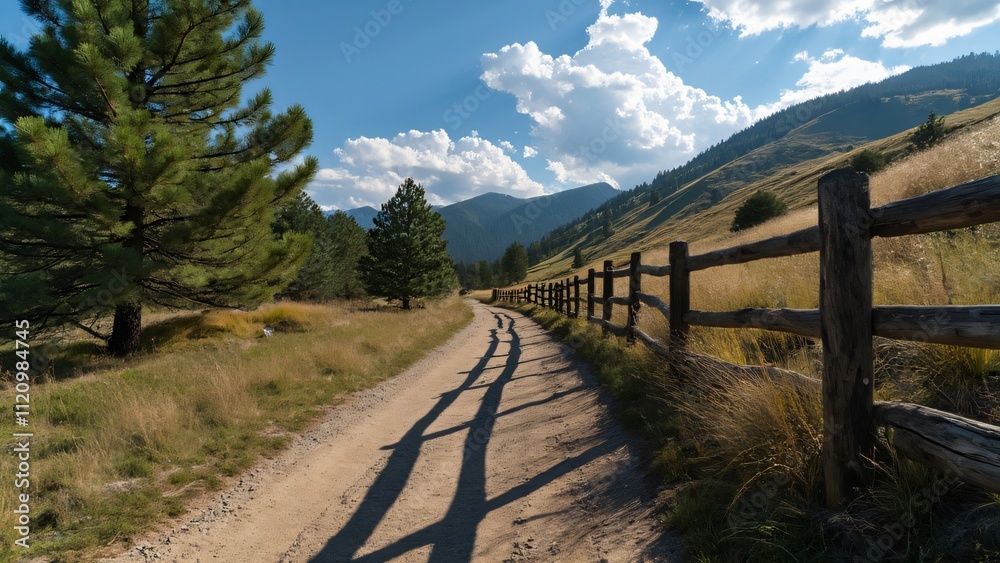Scenic Mountain Dirt Road with Wooden Fence, Sunlight Shadows, and Lush Greenery Scenic Mountain Dirt Road with Wooden Fence, Sunlight Shadows, and Lush Greenery