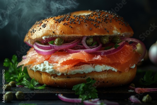 Smoked salmon bagel with cream cheese, red onion, and capers. Perfect for illustrating gourmet food blogs, restaurant menus, or breakfast themes. photo