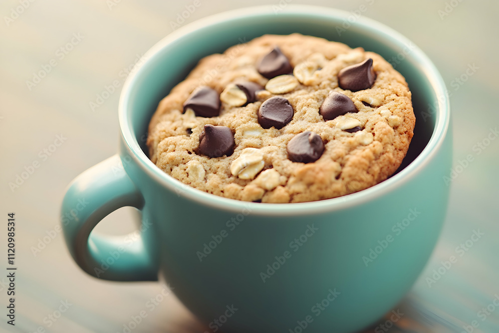 Single chocolate chip oatmeal cookie in a teal mug. Single chocolate chip oatmeal cookie in a teal mug.