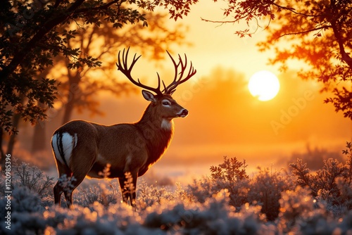 Magnificent deer with large antlers standing in a frosty meadow at sunrise