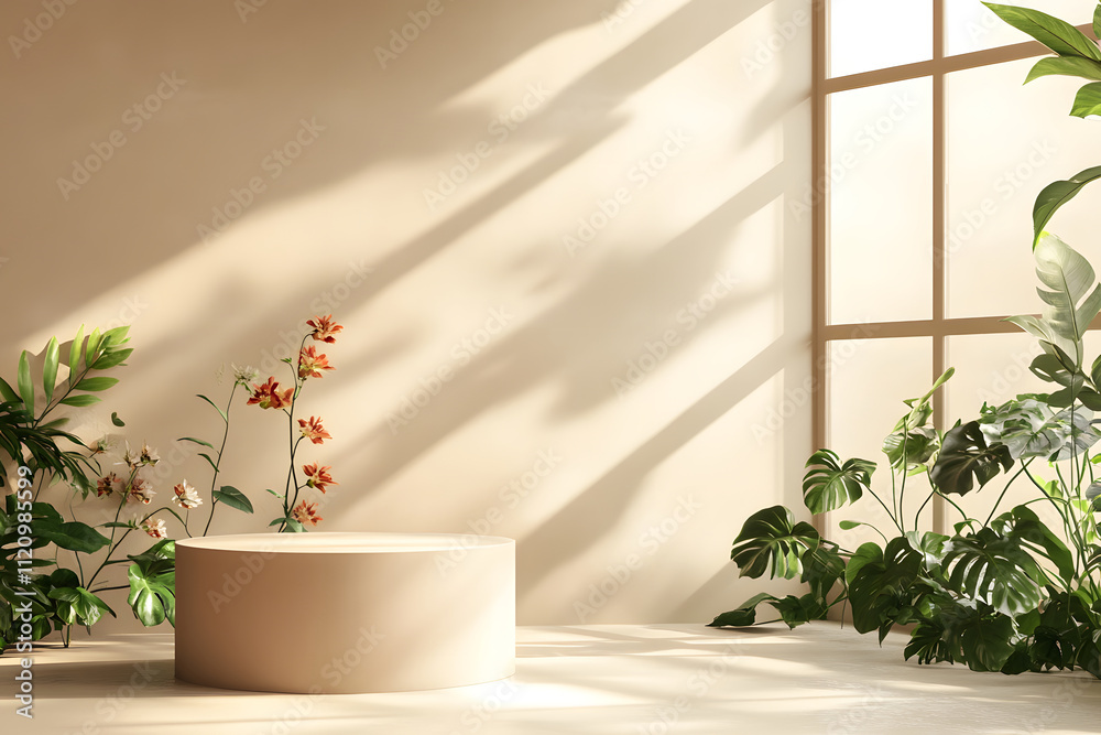 Fototapeta premium A serene interior space with a circular pedestal and lush greenery, illuminated by sunlight.