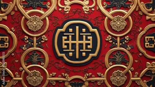 Intricate Gold And Black Asian Design On Red Background