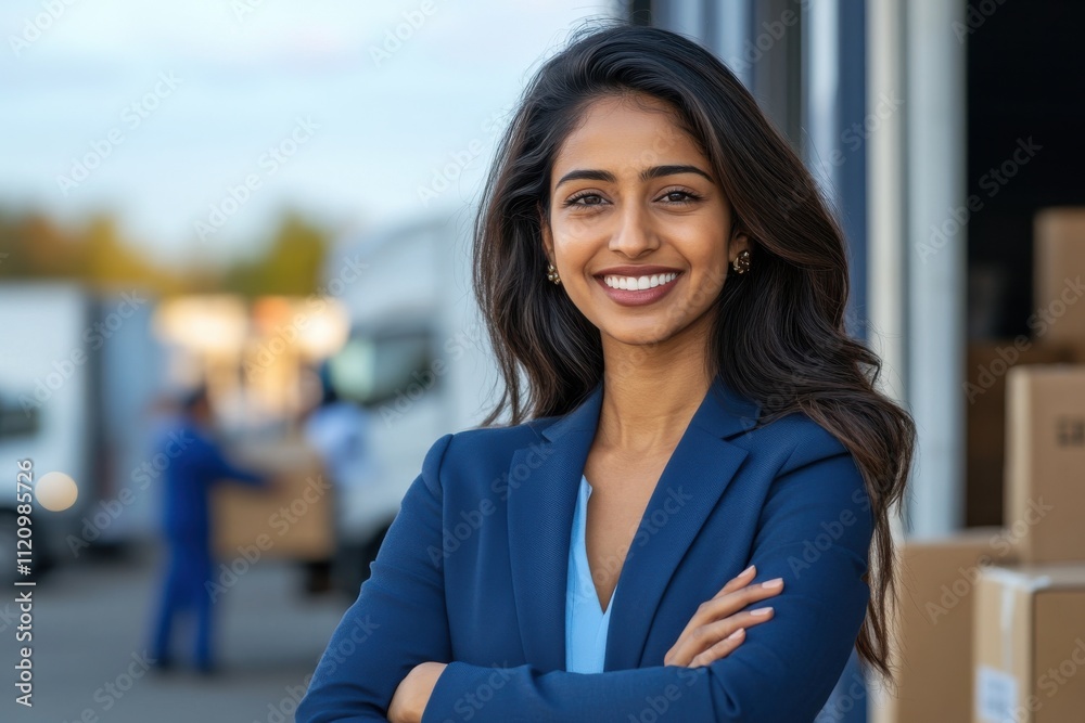 Beautiful young smiling Indian woman with blue suit, standing outside a small business store front office with some parked delivery trucks. Beautiful young smiling Indian woman with blue suit, standing outside a small business store front office with some parked delivery trucks.