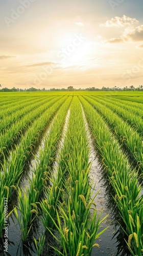 Lush green rice field under a bright sky at sunset.