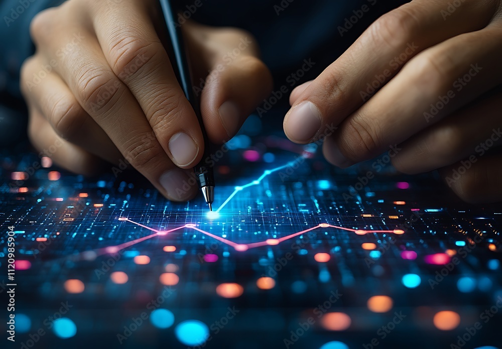 Person Using a Stylus to Interact with a Graph on Screen. Person Using a Stylus to Interact with a Graph on Screen.