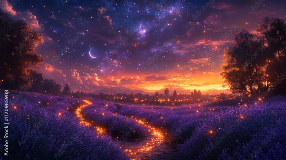 Serene landscape with lavender fields and starry sky 