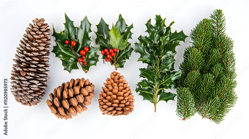 Fototapeta premium A festive arrangement of pine cones, holly sprigs with red berries, and fir branches on a white background. Perfect for Christmas and winter holiday designs.