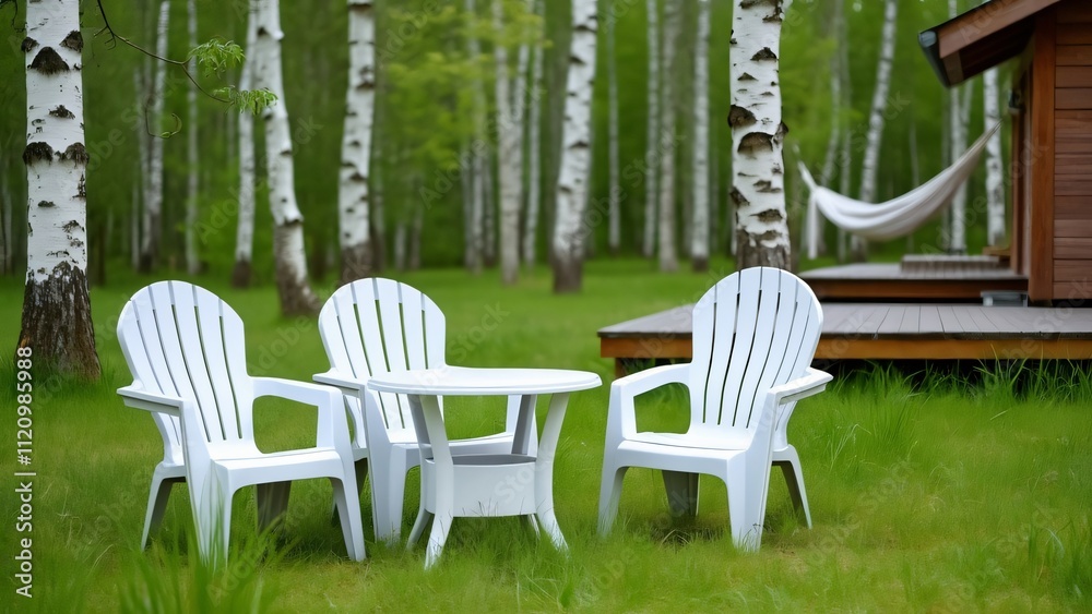 Serene Summer Forest Scene, White Plastic Chairs & Table on Wooden Terrace near Birch Trees and Hammock Serene Summer Forest Scene, White Plastic Chairs & Table on Wooden Terrace near Birch Trees and Hammock