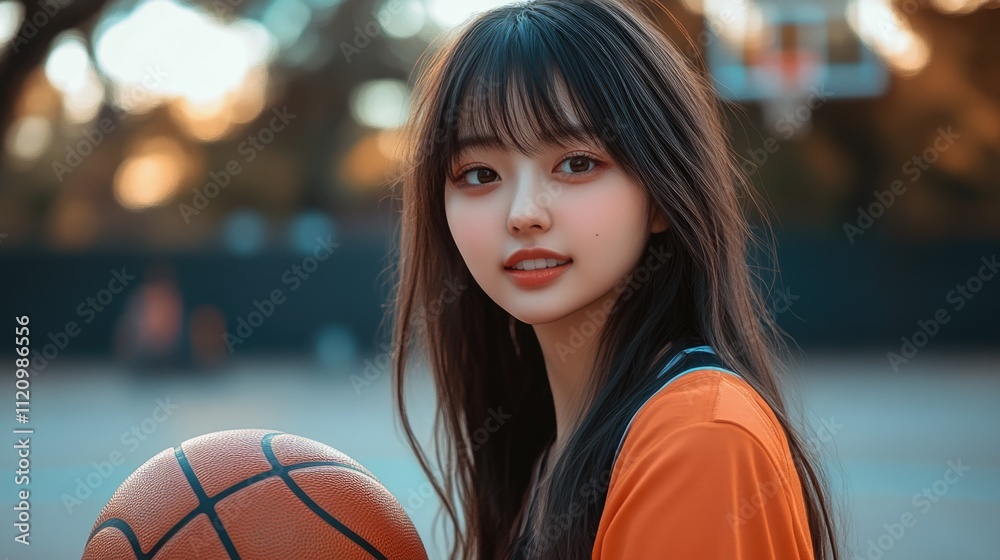 Young Japanese woman with a dark long hair wearing a basketball uniform pose holding basketball in basketball court Young Japanese woman with a dark long hair wearing a basketball uniform pose holding basketball in basketball court