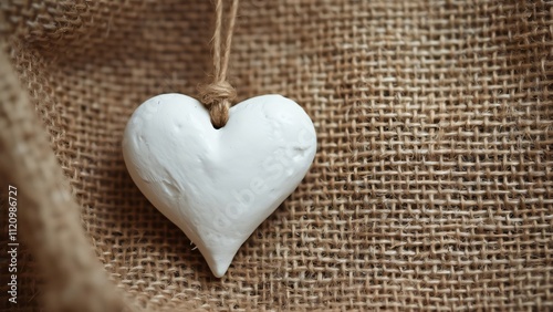 White Clay Heart Ornament on Burlap, Valentine's Day Background with Copy Space