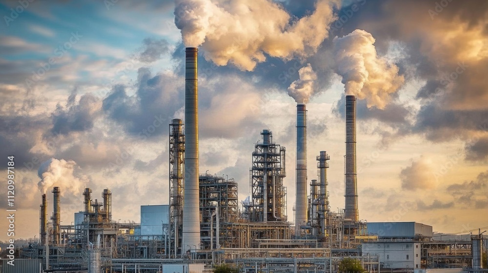 Industrial complex emitting smoke against a cloudy sky. Industrial complex emitting smoke against a cloudy sky.