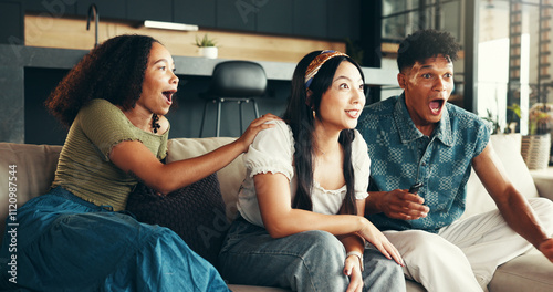 Photography Friends, people and surprise with watching tv in home for sports match, team passion and suspense for goal