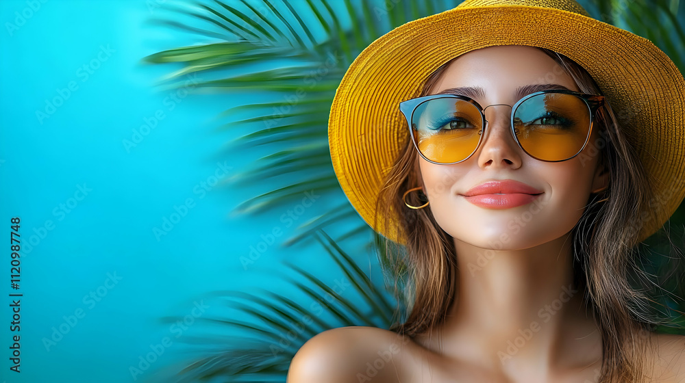 Summer Style: Woman in Hat and Sunglasses Smiles Brightly Against a Tropical Blue Background Summer Style: Woman in Hat and Sunglasses Smiles Brightly Against a Tropical Blue Background