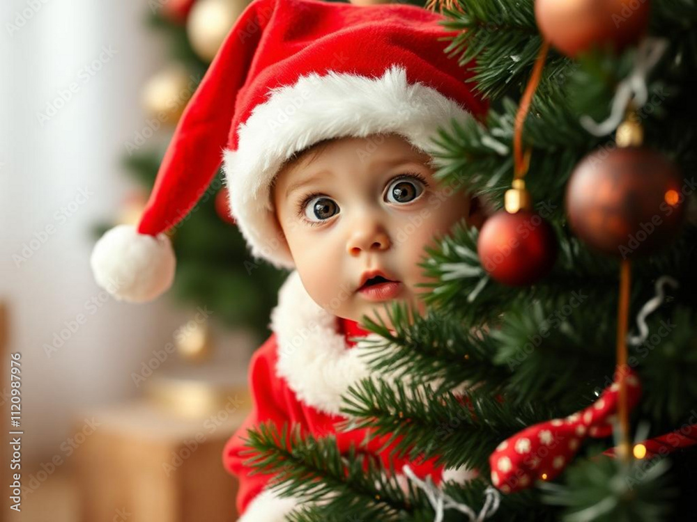 Baby is staring from christmas Tree