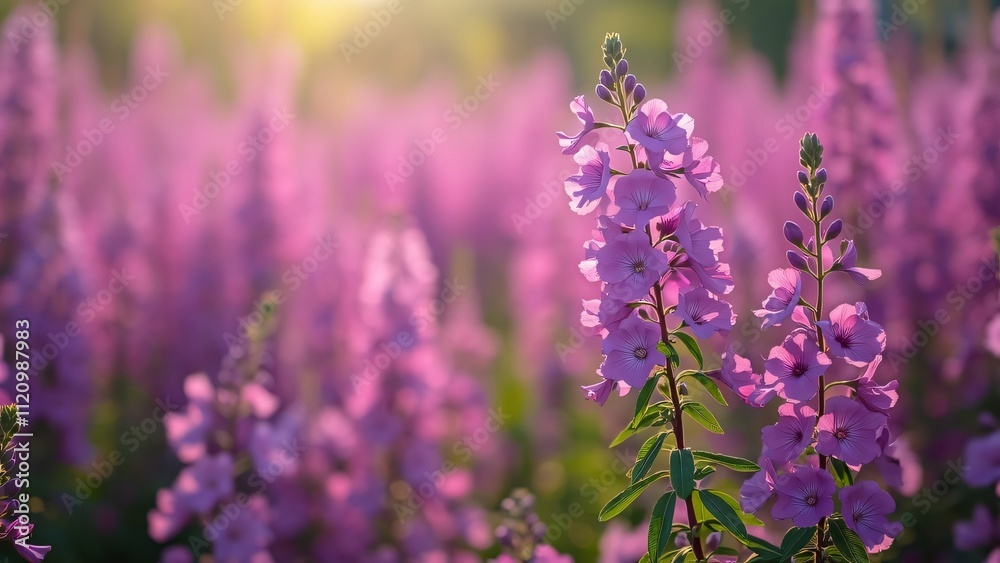 Naklejka premium Stunning Spring Phlox Field, Macro Photography of Delicate Purple Flowers in Vibrant Grassland