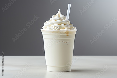 Creamy milkshake in a plastic cup with whipped cream and straw.